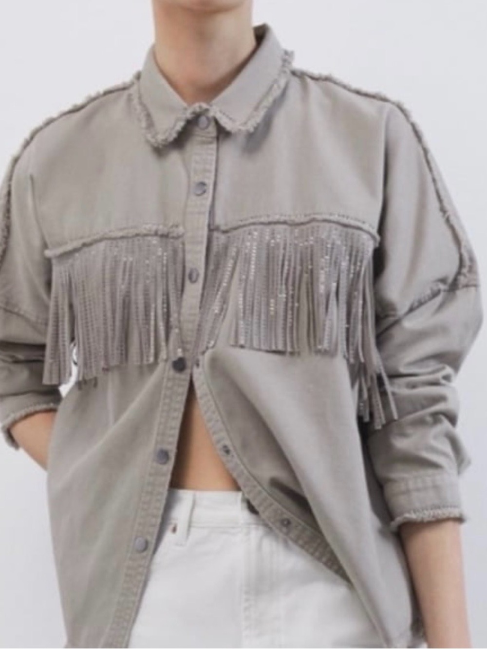Zara Taupe Fringe Button-Up Jacket - Picture 3 of 9